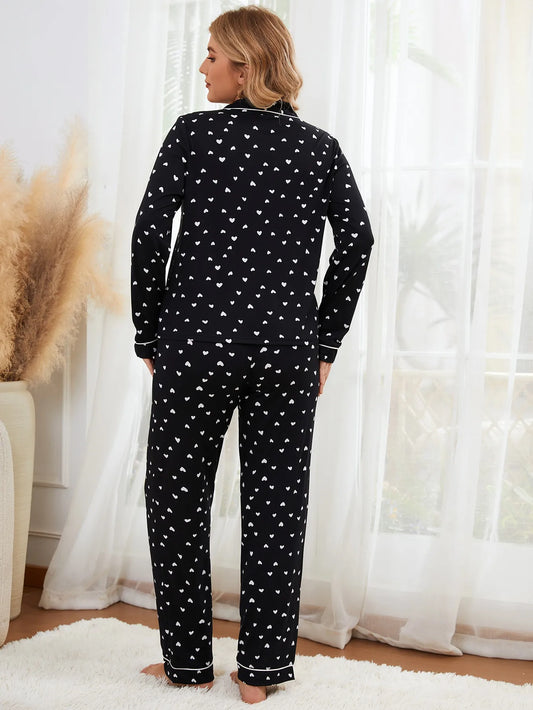 Heart Print Women Pajamas Set Long Sleeve Front Button Tops & Full-length Pants Female 2 Pcs Notched Collor Sleepwear Nightwear