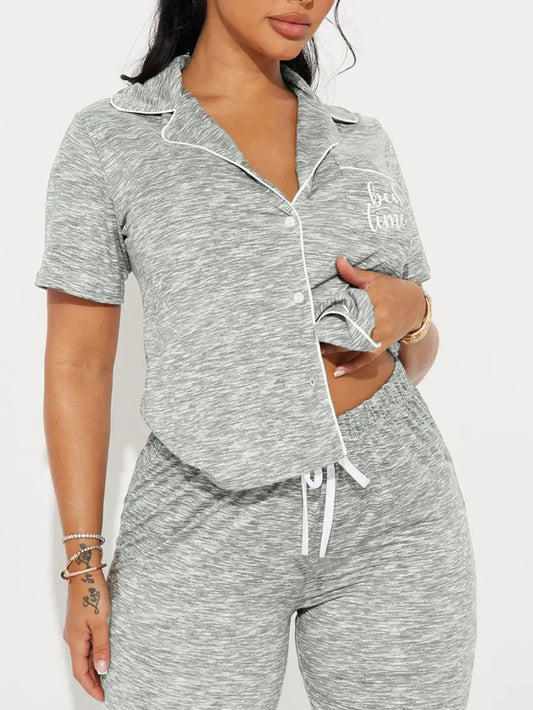 Solid Color Women Pajamas Set Short Sleeve Front Button Tops & Full-Length Pants Female 2 Pcs Notched Collor Sleepwear Nightwear