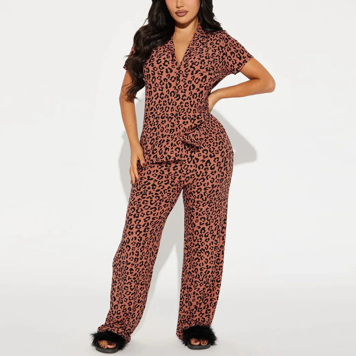 Heart Print Women Pajamas Set Short Sleeve Front Button Tops & Long Pants Female 2 Pieces Notched Collor Sleepwear Nightwear