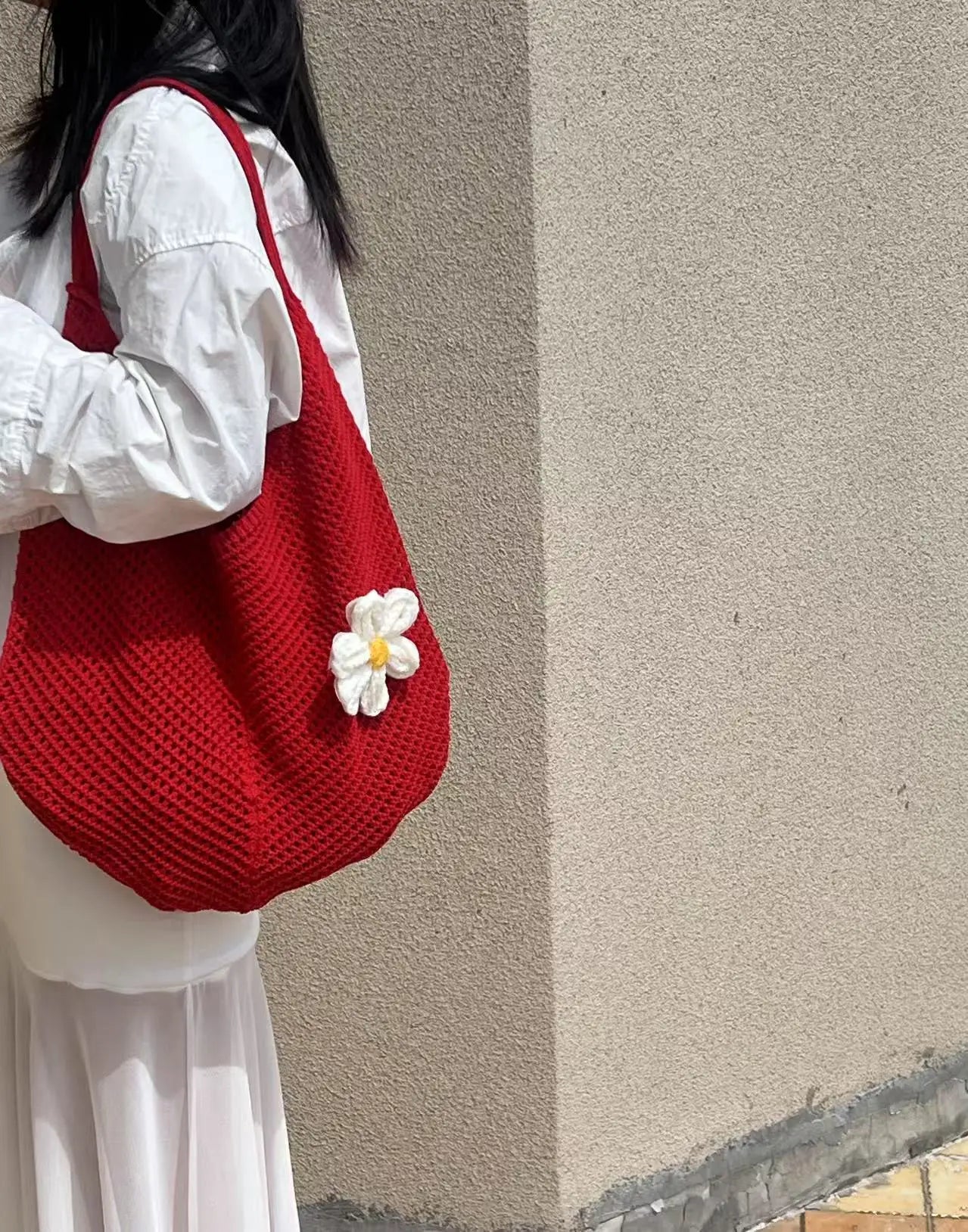 Korean-style Chic Crocheted Grid Bag Women's Summer Beach Bag Hand-woven Hollowed-out Shoulder Female Large Hollowed Bag