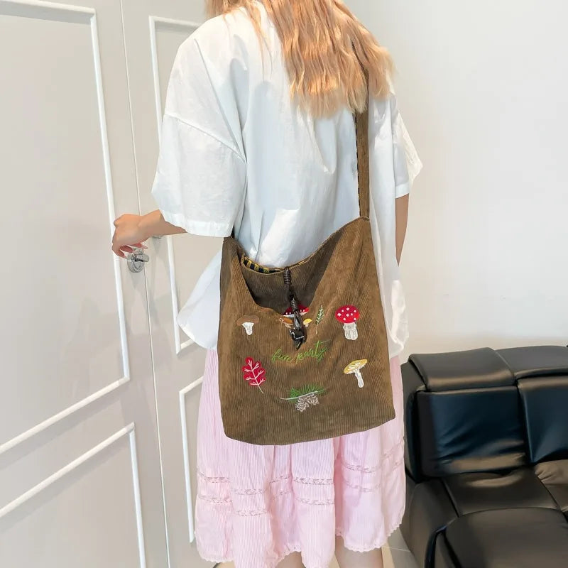 Mushroom Embroidery Single-shoulder Crossbody Bag Corduroy Checkered Double Bread Autumn and Winter New Retro Student Class Bag