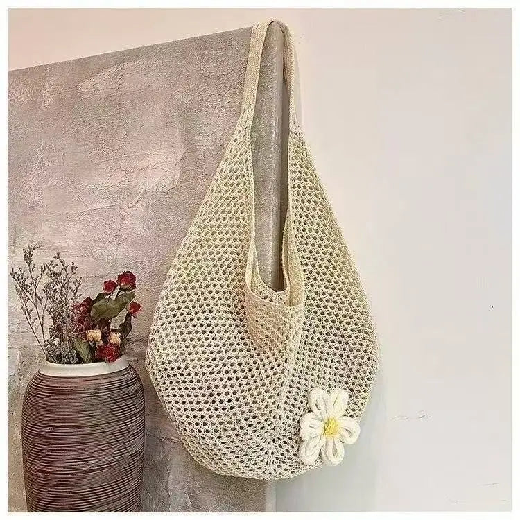 Korean-style Chic Crocheted Grid Bag Women's Summer Beach Bag Hand-woven Hollowed-out Shoulder Female Large Hollowed Bag