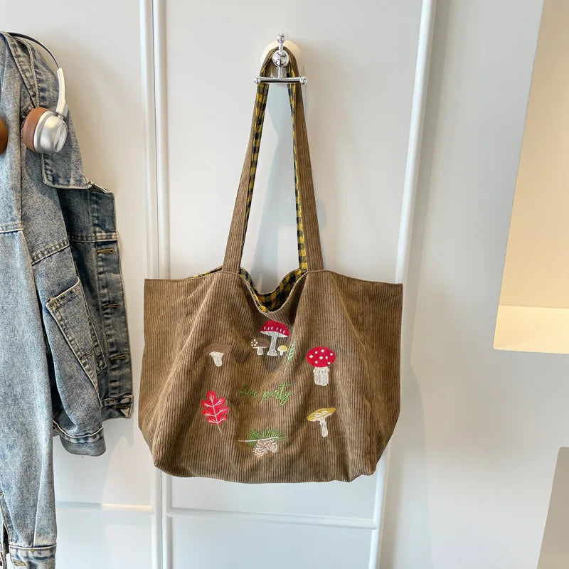 Mushroom Embroidery Single-shoulder Crossbody Bag Corduroy Checkered Double Bread Autumn and Winter New Retro Student Class Bag