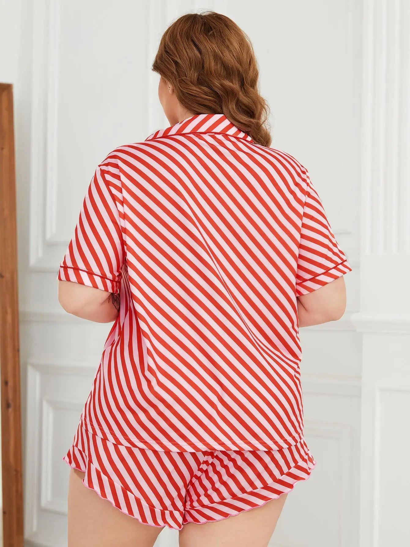 Plus Size Striped Print Women Pajama Sets Short Sleeves Turn Down Collar Front Button Top & Shorts Female Sleepwear Nightwear