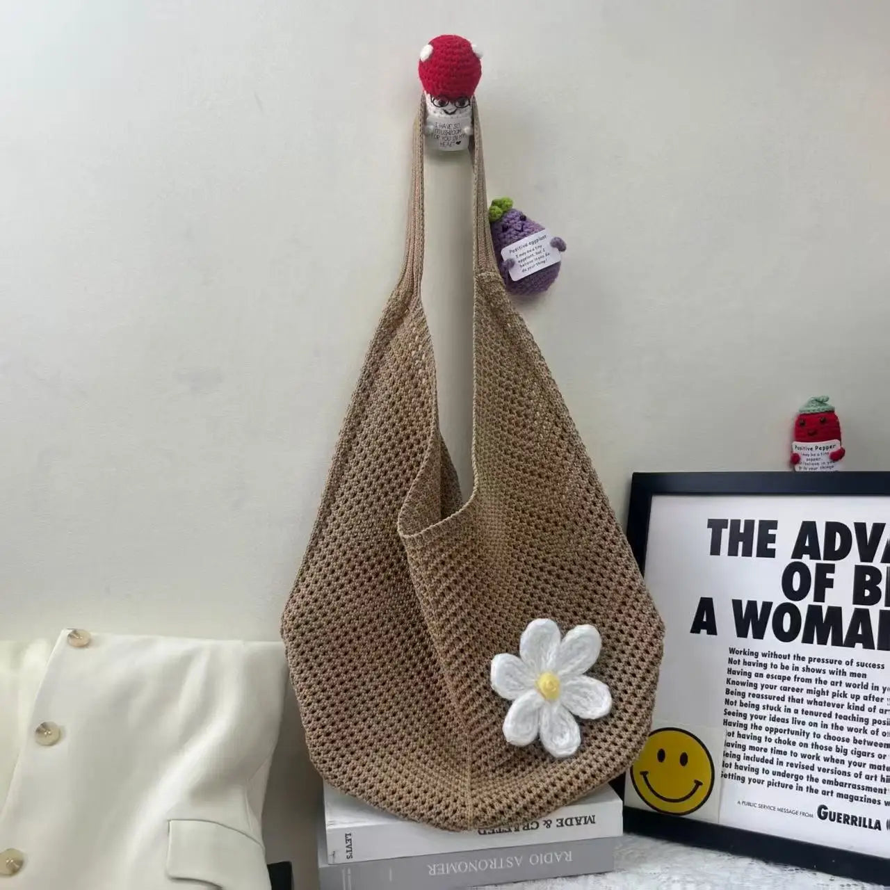 Korean-style Chic Crocheted Grid Bag Women's Summer Beach Bag Hand-woven Hollowed-out Shoulder Female Large Hollowed Bag