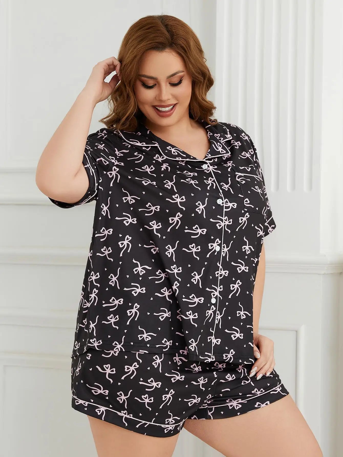 Plus Size Bow Tie Print Women Pajama Sets Short Sleeves Turn Down Collar Front Button Top & Shorts Female Sleepwear Nightwear