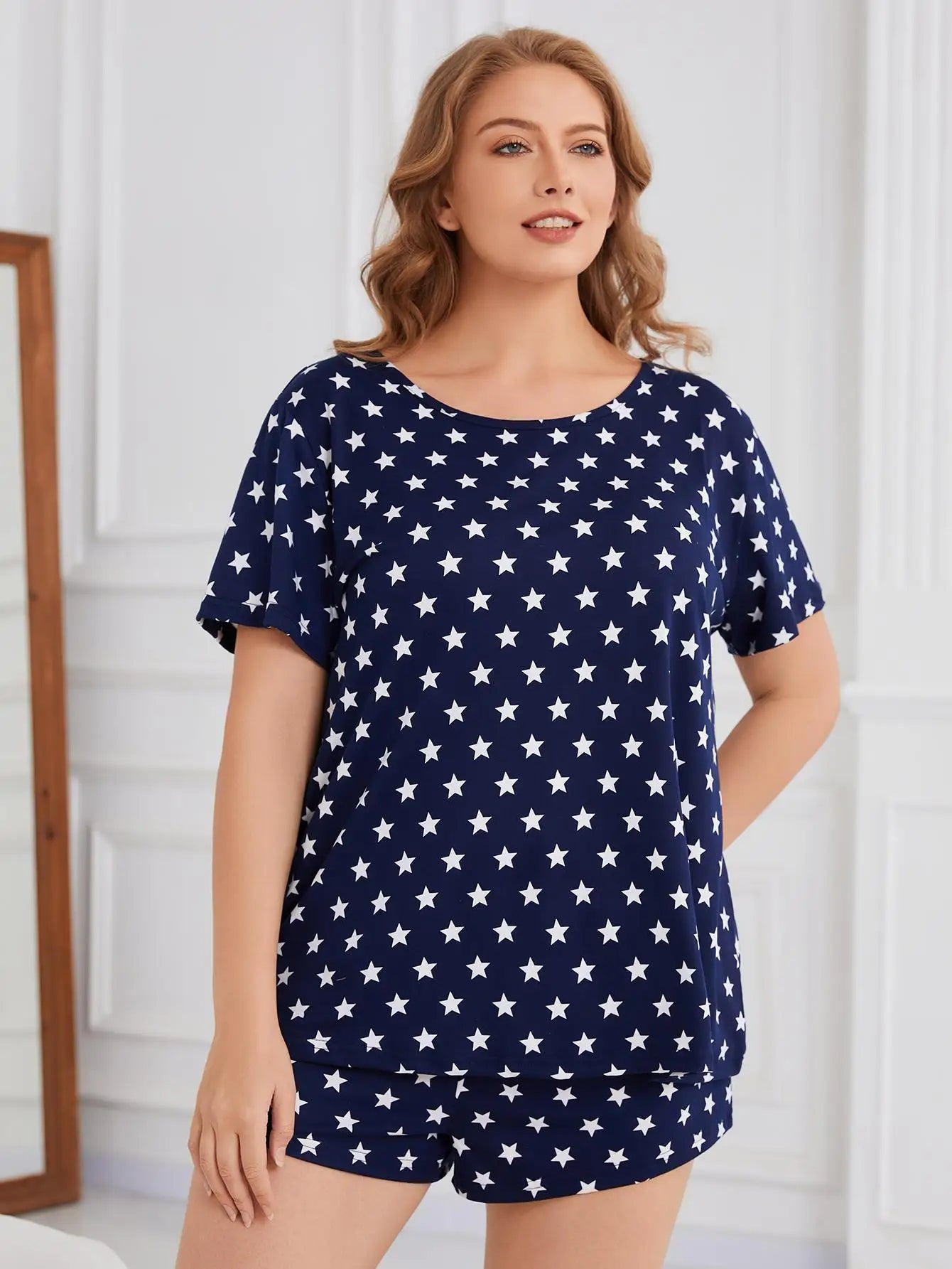 Plus Size Star Print Women Pajama Sets Short Sleeves O Neck Top & Elastic Waist Shorts 2 Pieces Female Sleepwear Nightwear