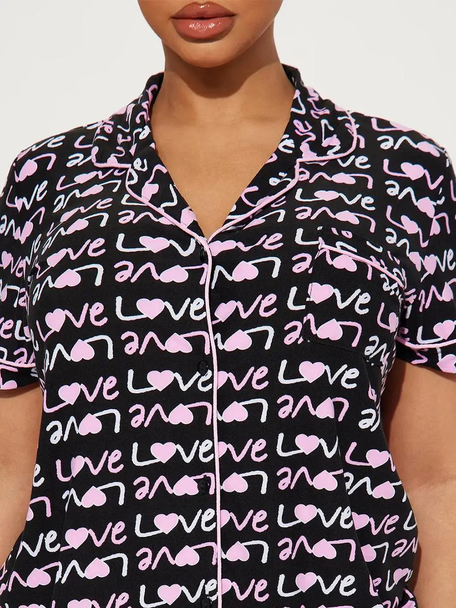 Letter Print Women's Pajamas Set Short Sleeve turn down collar Top & Elastic Waist Shorts 2 pcs Female Sleepwear Nightwear