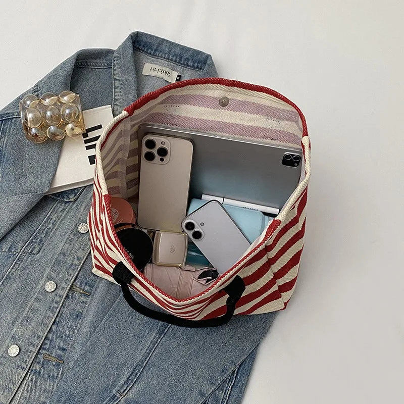 Commuting Canvas Bag Women's Large-capacity Tote Bag 2025 New Striped Single-shoulder Mommy Tote Bag Korean Version Style
