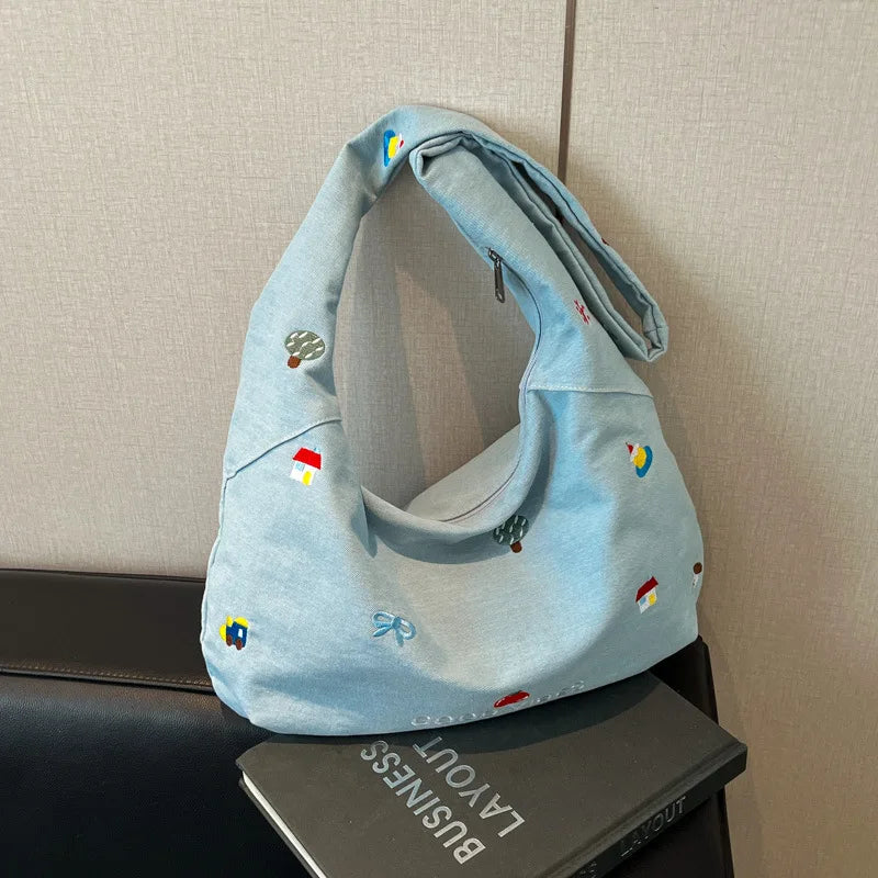 2025 Denim Crossbody Bag Japanese-style Embroidered Cartoon Print Single-shoulder Tote Bag Ins Simple Large-capacity Bag