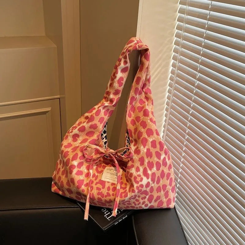 2025 Double-sided Leopard Print College Student Class Commuting Bag High-end Women's Large-capacity Casual Single-shoulder Bag