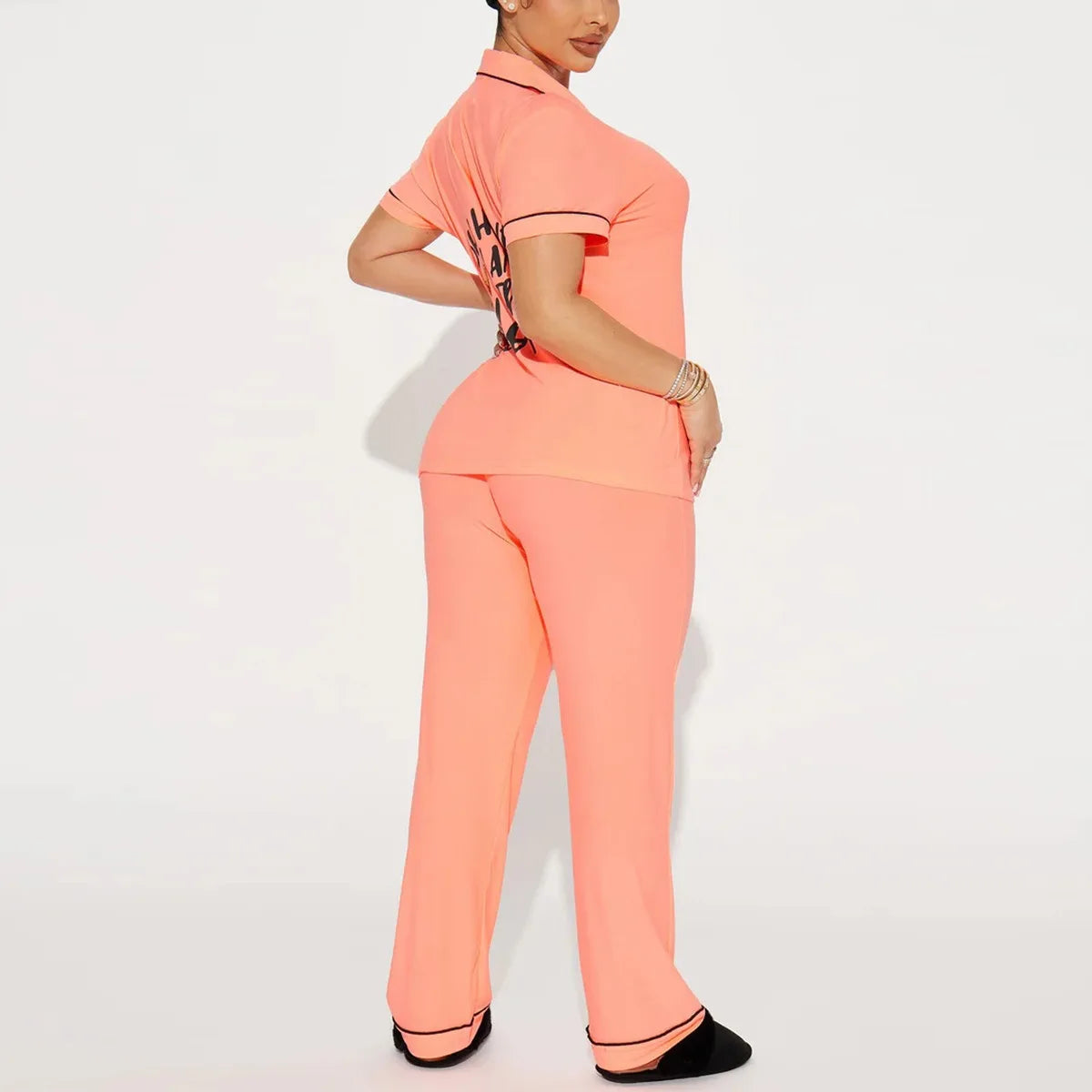 Gliter Heart Print Women's Pajamas Set Turn Down Collar Top & Full-Length Pants 2 Pieces Sleepwear Nightwear Solid Homewear