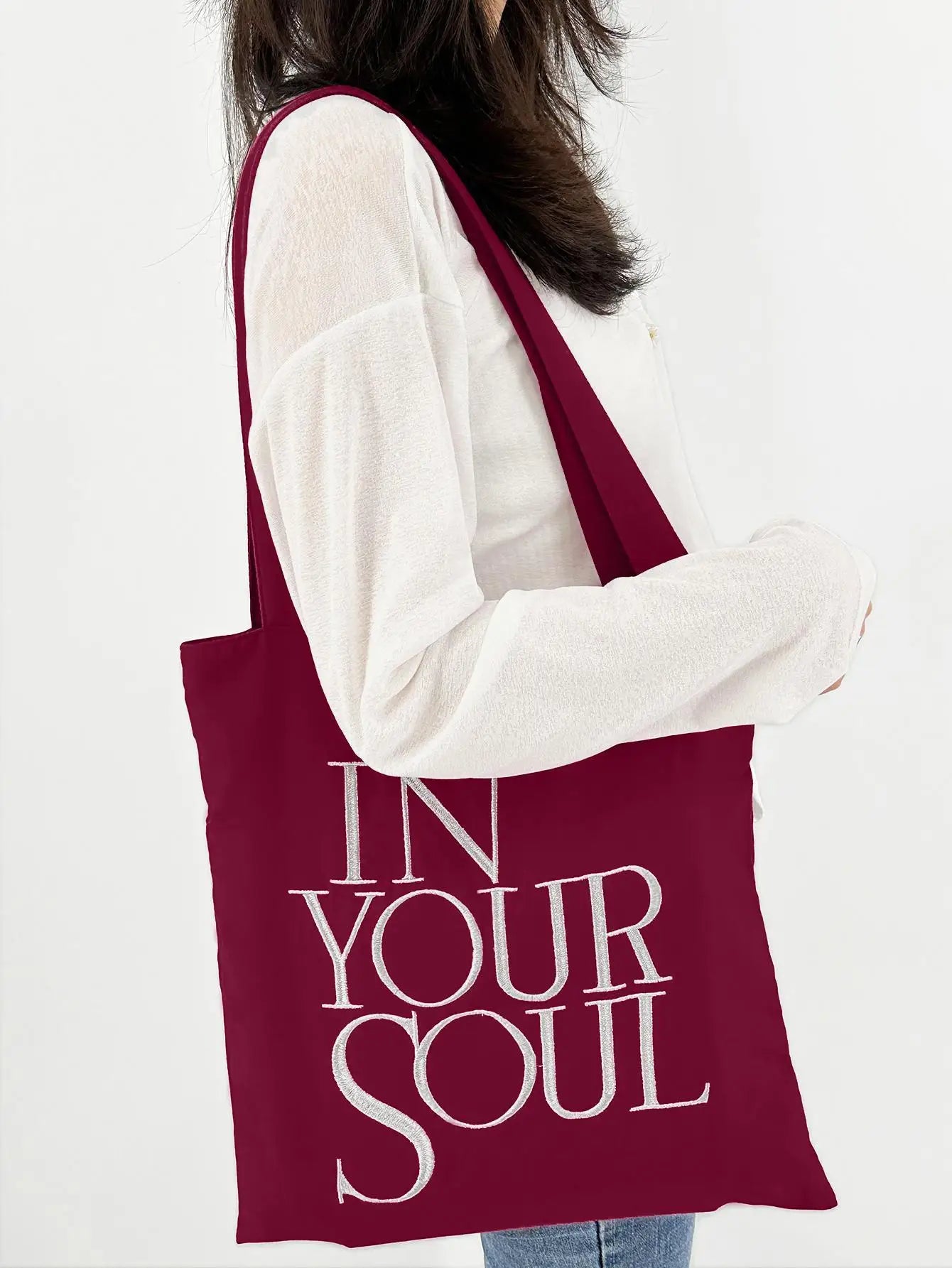 Letter Print Canvas Reusable Grocery Tote Bag Fenale Shoulder Handbag Crafts Shopping Bags Gifts for Women Birthday Christmas