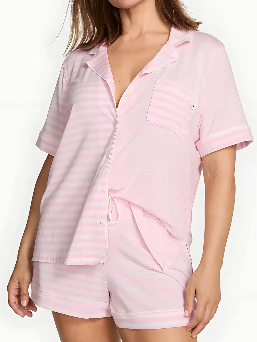 Stripped Print Women's Pajamas Set Short Sleeve Turn Down Collar & Shorts 2 Pieces Female Sleepwear Nightwear Homewear