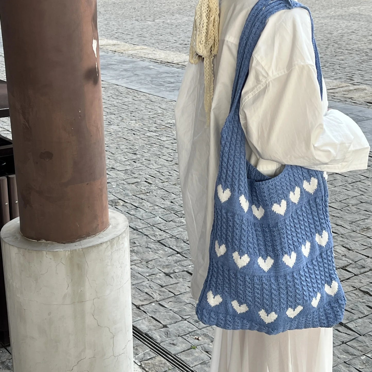 Korean-style Chic Crocheted Grid Bag Women's Summer Beach Bag Hand-woven Hollowed-out Shoulder Female Large Hollowed Bag