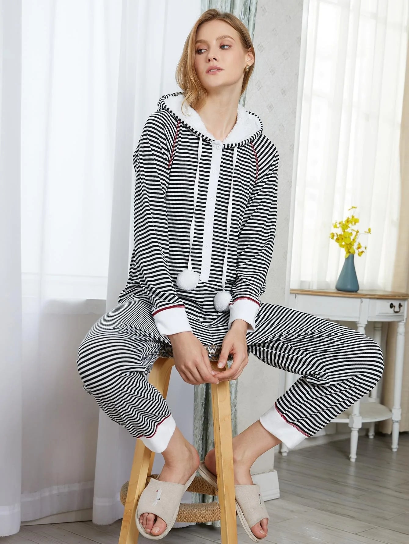 Striped Print Women Pajama Sets Long Sleeves Hooded Top & Full-Length Pants 2 Piece Winter Female Sleepwear Nightwear Homewear