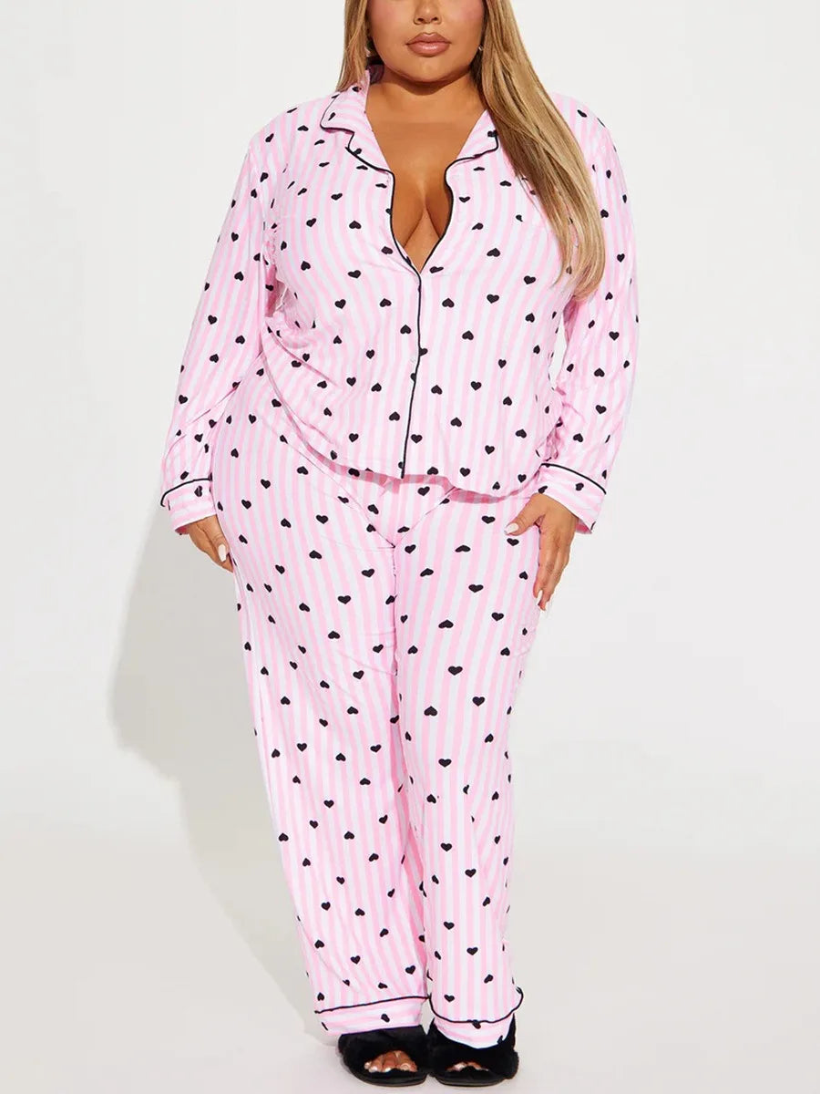 Heart Print Striped Women Pajama Set Long Sleeves Turn Down Collar Top & Full-Length Pants Female 2 Pieces Sleepwear Nightwear