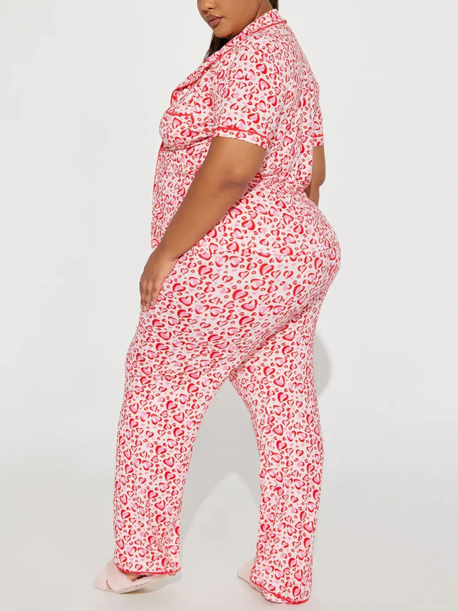 Heart Print Women Pajama Set Short Sleeves Turn Down Collar Top & Full-Length Pants 2 Pieces Female Sleepwear Nightwear