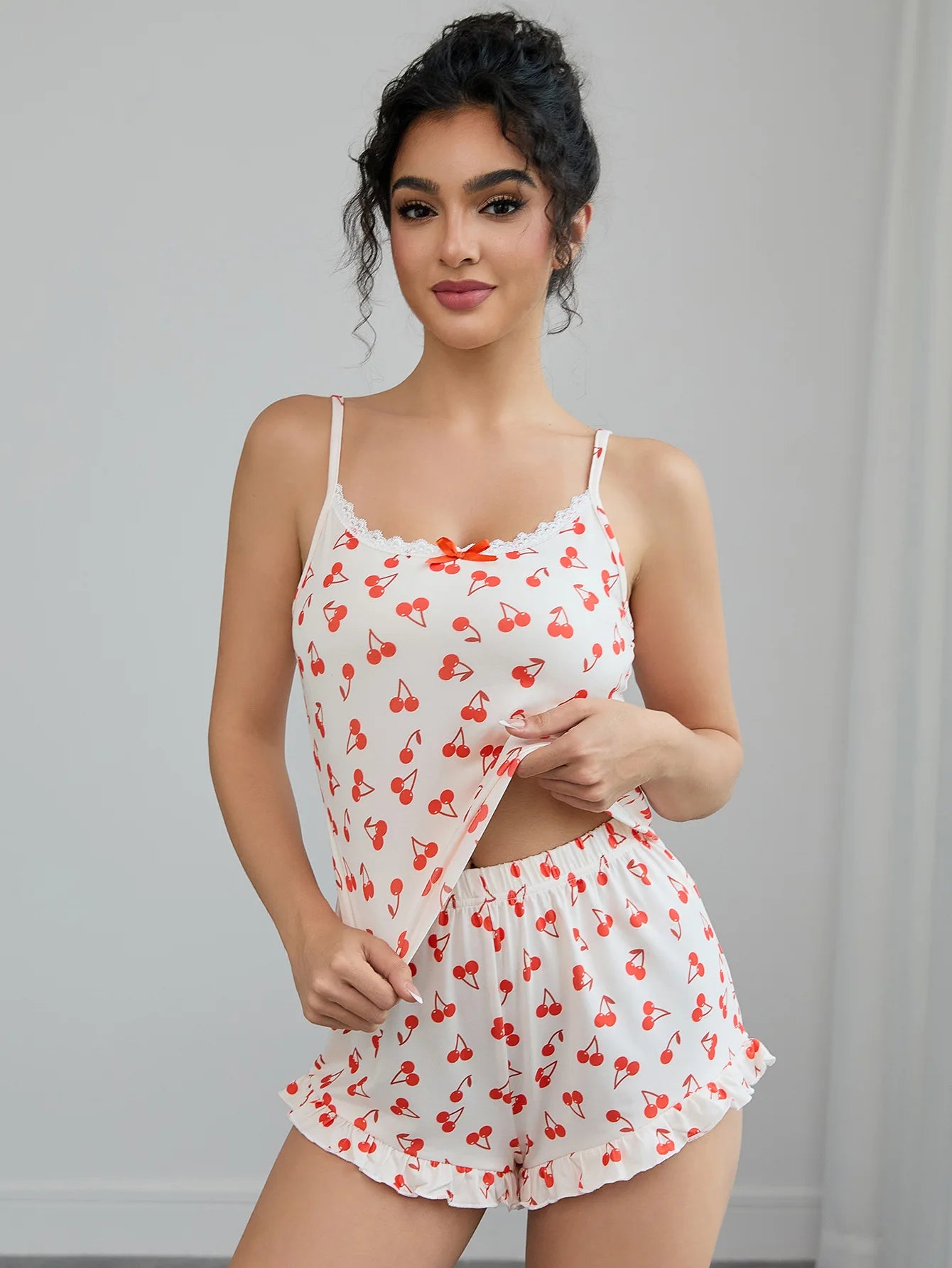 Cherry Print Women's Pajamas Set Sleeveless Top & Elastic Waist Shorts 2 Pieces Sleepwear Nightwear Homewear Cloth for Summer