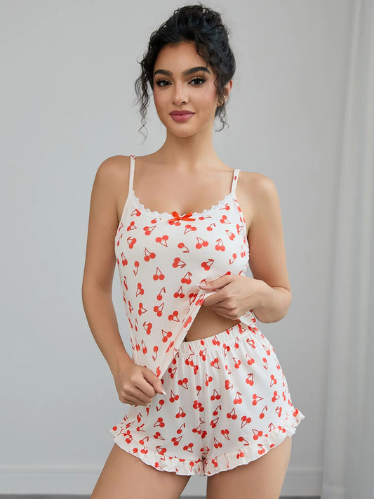 Cherry Print Women's Pajamas Set Sleeveless Top & Elastic Waist Shorts 2 Pieces Sleepwear Nightwear Homewear Cloth for Summer