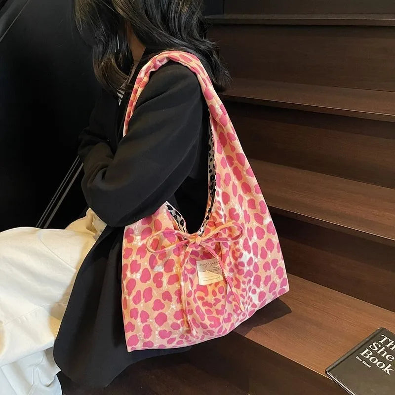 2025 Double-sided Leopard Print College Student Class Commuting Bag High-end Women's Large-capacity Casual Single-shoulder Bag