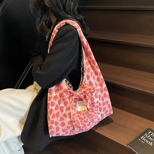 2025 Double-sided Leopard Print College Student Class Commuting Bag High-end Women's Large-capacity Casual Single-shoulder Bag