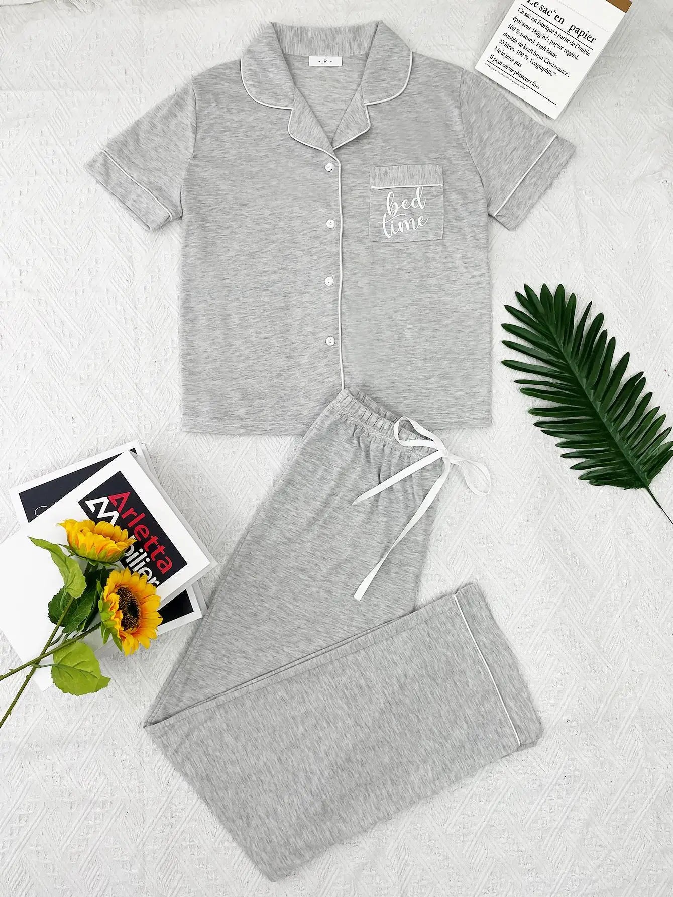 Solid Color Women Pajamas Set Short Sleeve Front Button Tops & Full-Length Pants Female 2 Pcs Notched Collor Sleepwear Nightwear