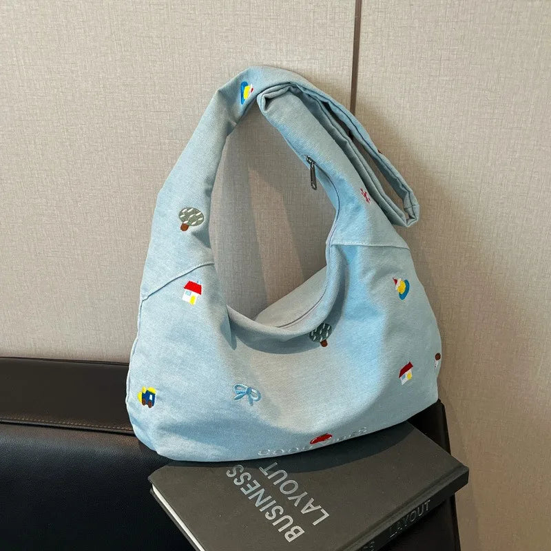 2025 Denim Crossbody Bag Japanese-style Embroidered Cartoon Print Single-shoulder Tote Bag Ins Simple Large-capacity Bag