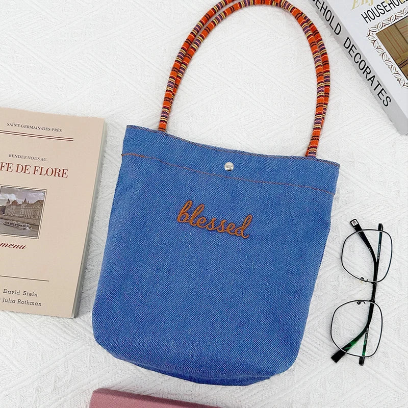 Striped Letter Print Double Side Canvas Tote Bags Reusable Grocery Women Shoulder Crafts Shopping Handbag Gifts for Women