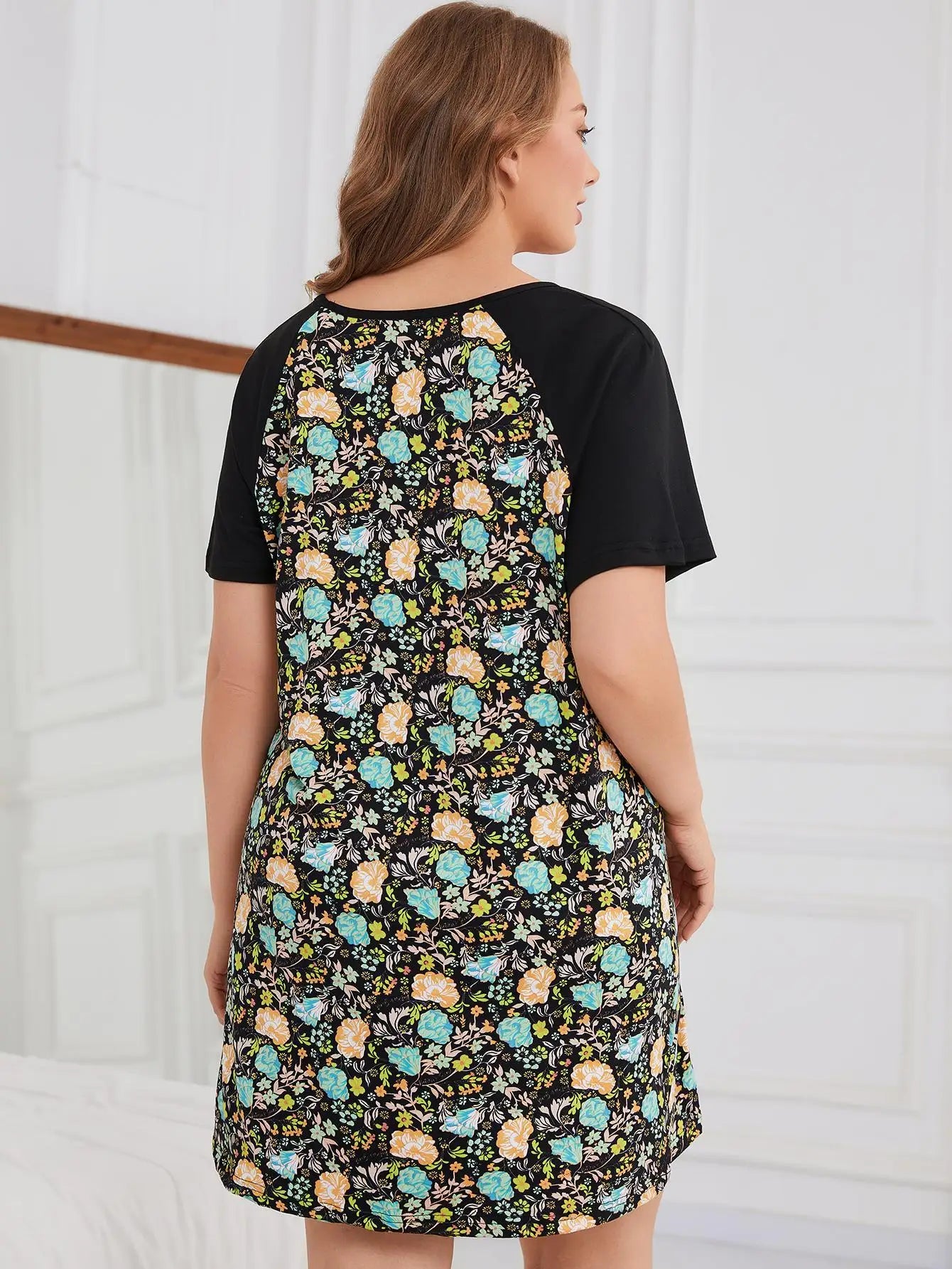 Plus Size Floral Print Women Nightgown Short Sleeves Female Sleepwear O Neck Nightwear Homwear Summer Clothing Oversized 1-6XL
