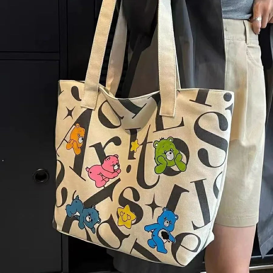 Large-capacity Student Canvas Tote Bag Commuter New Style Bag Versatile Printed Mommy Casual Hand and Shoulder Shopping Bag