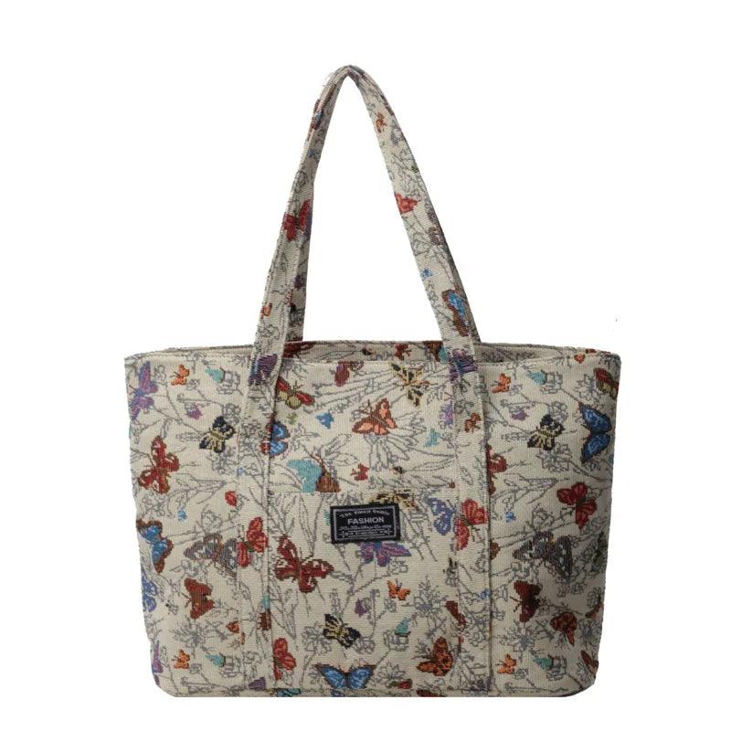 High-end Large-capacity Canvas Bag for Women 2025 Fashionable Butterfly Print Commuter Tote Bag Female Ins Student Class Bag