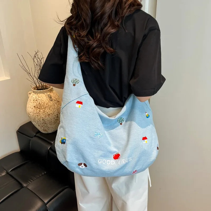 2025 Denim Crossbody Bag Japanese-style Embroidered Cartoon Print Single-shoulder Tote Bag Ins Simple Large-capacity Bag
