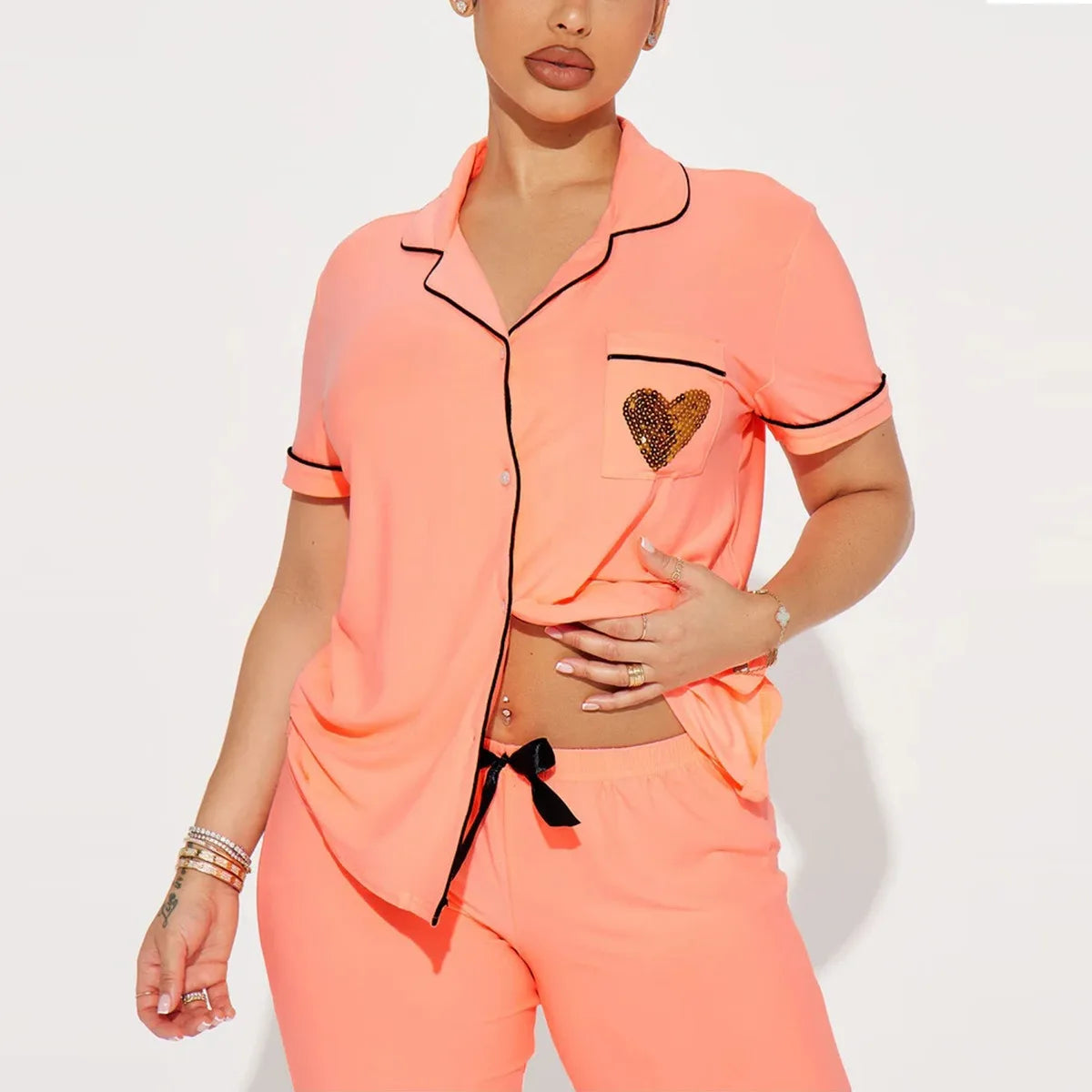 Gliter Heart Print Women's Pajamas Set Turn Down Collar Top & Full-Length Pants 2 Pieces Sleepwear Nightwear Solid Homewear