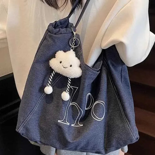 Relaxed Denim Large-capacity Single-shoulder Embroidered Canvas Bag Women Laid-back Style Versatile Commuter Underarm Tote Bag