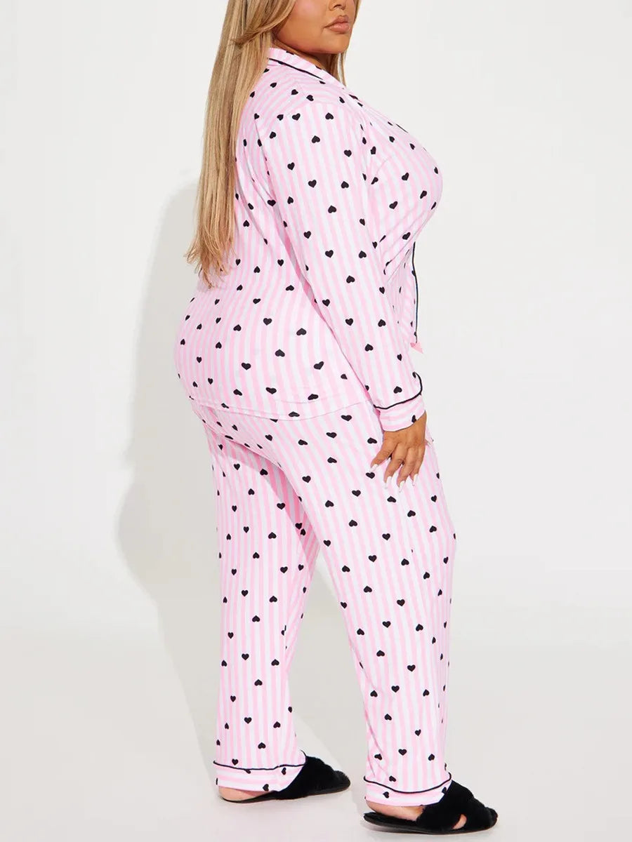 Heart Print Striped Women Pajama Set Long Sleeves Turn Down Collar Top & Full-Length Pants Female 2 Pieces Sleepwear Nightwear