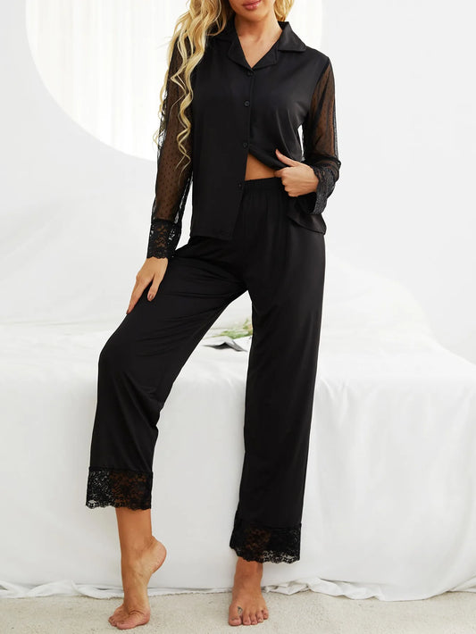 Solid Women Pajamas Set Long Transparent Sleeve Front Button Top & Full-length Pants Female 2 Pcs Notched Collor Sleepwear