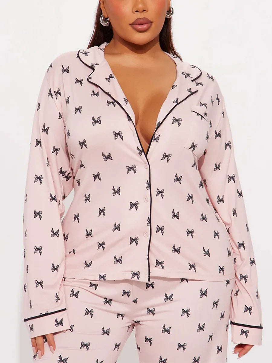 Bow Tie Print Women Pajama Set Long Sleeves Turn Down Collar Top & Full-Length Pants 2 Pieces Female Sleepwear Nightwear