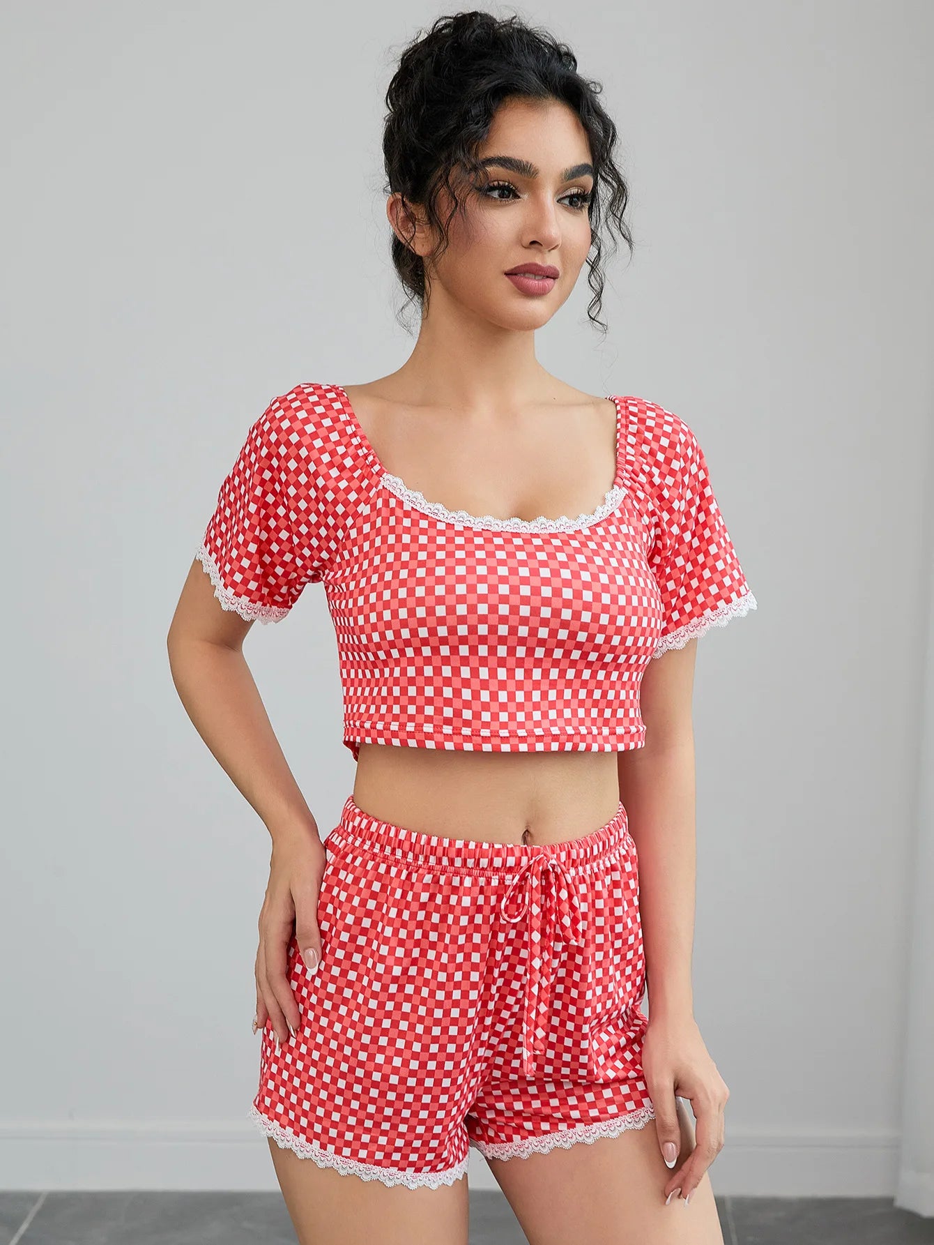 Lace Plaid Women's Pajamas Set O Neck Crop Top & Elastic Waist Shorts 2 Pieces Sleepwear Nightwear Homewear Cloth for Summer
