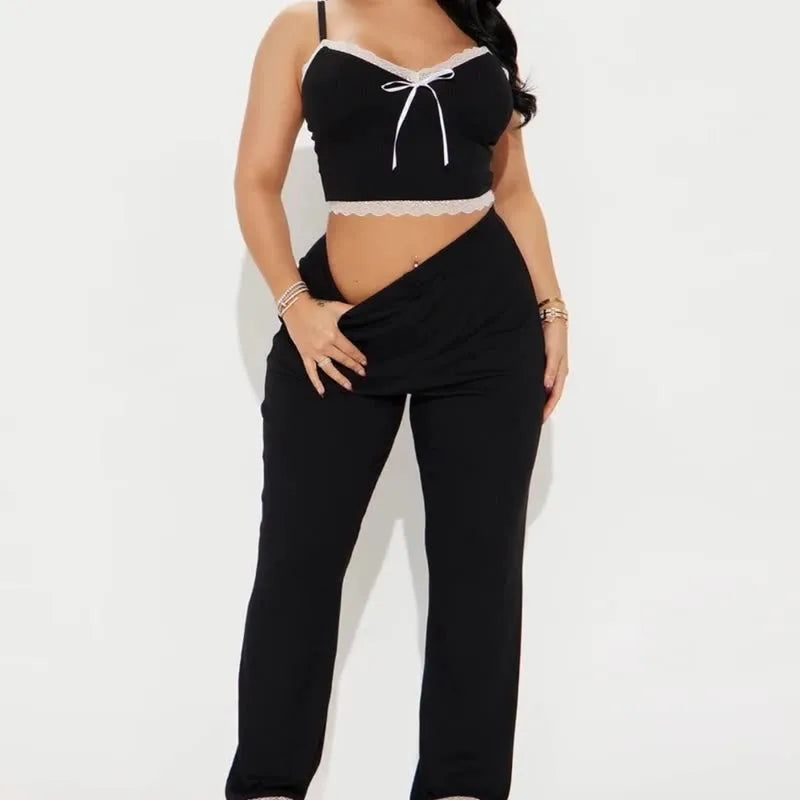 Lace Trim Women Pajama Set Sleeveless V Neck Crop Top & Elastic Waist Full-Length Pants 2 Pieces Female Sleepwear Nightwear