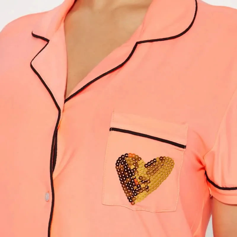 Gliter Heart Print Women's Pajamas Set Turn Down Collar Top & Full-Length Pants 2 Pieces Sleepwear Nightwear Solid Homewear