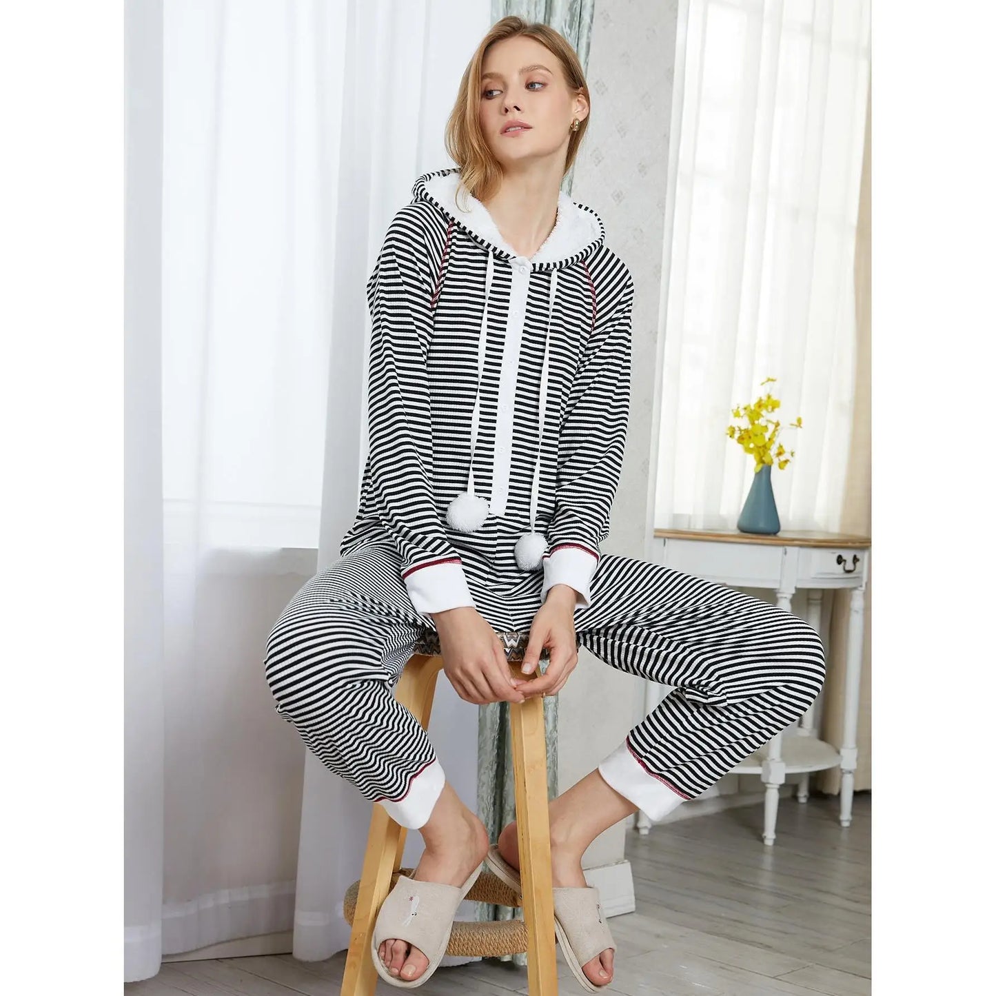 Striped Print Women Pajama Sets Long Sleeves Hooded Top & Full-Length Pants 2 Piece Winter Female Sleepwear Nightwear Homewear