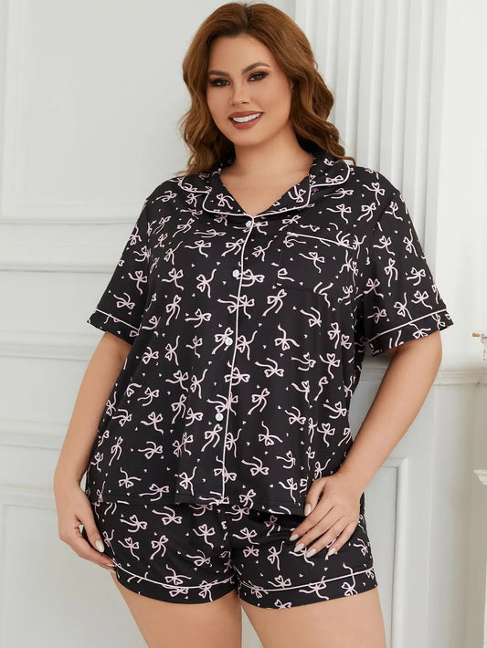 Plus Size Bow Tie Print Women Pajama Sets Short Sleeves Turn Down Collar Front Button Top & Shorts Female Sleepwear Nightwear
