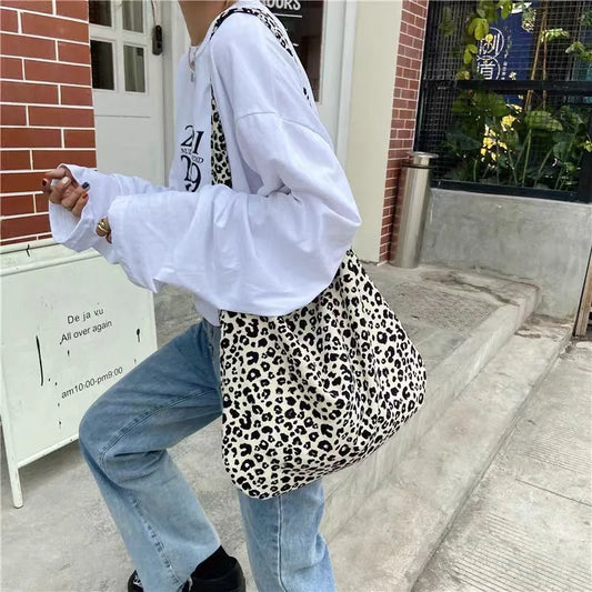 Large-capacity Leopard Corduroy Single-shoulder Bag Laid-back Style Versatile Shopping Bag Korean Sail Fabric Bag Consignment