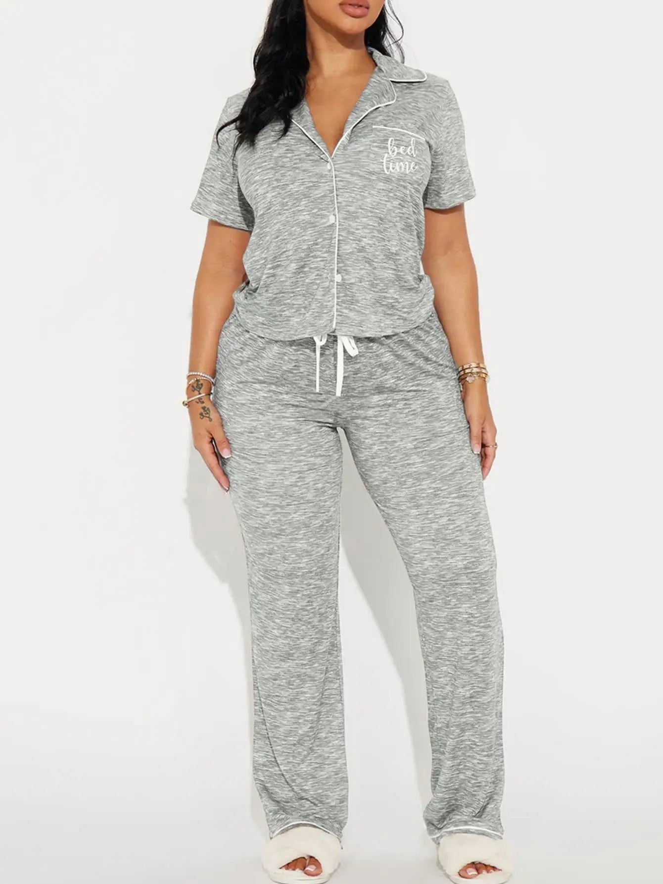 Solid Color Women Pajamas Set Short Sleeve Front Button Tops & Full-Length Pants Female 2 Pcs Notched Collor Sleepwear Nightwear