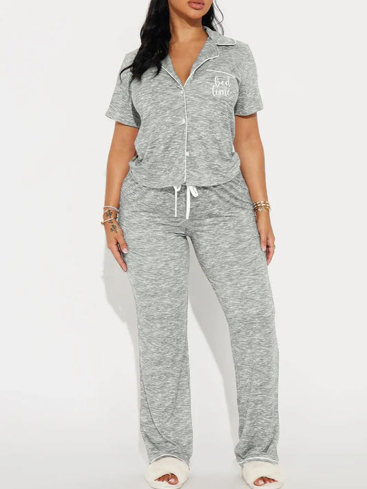 Solid Color Women Pajamas Set Short Sleeve Front Button Tops & Full-Length Pants Female 2 Pcs Notched Collor Sleepwear Nightwear