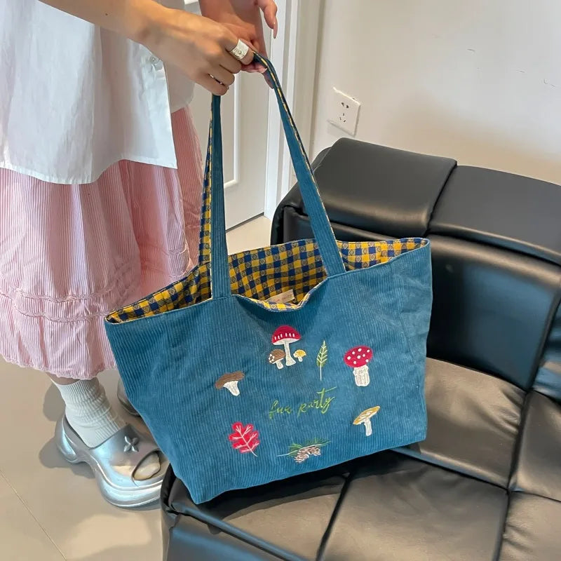 Mushroom Embroidery Single-shoulder Crossbody Bag Corduroy Checkered Double Bread Autumn and Winter New Retro Student Class Bag