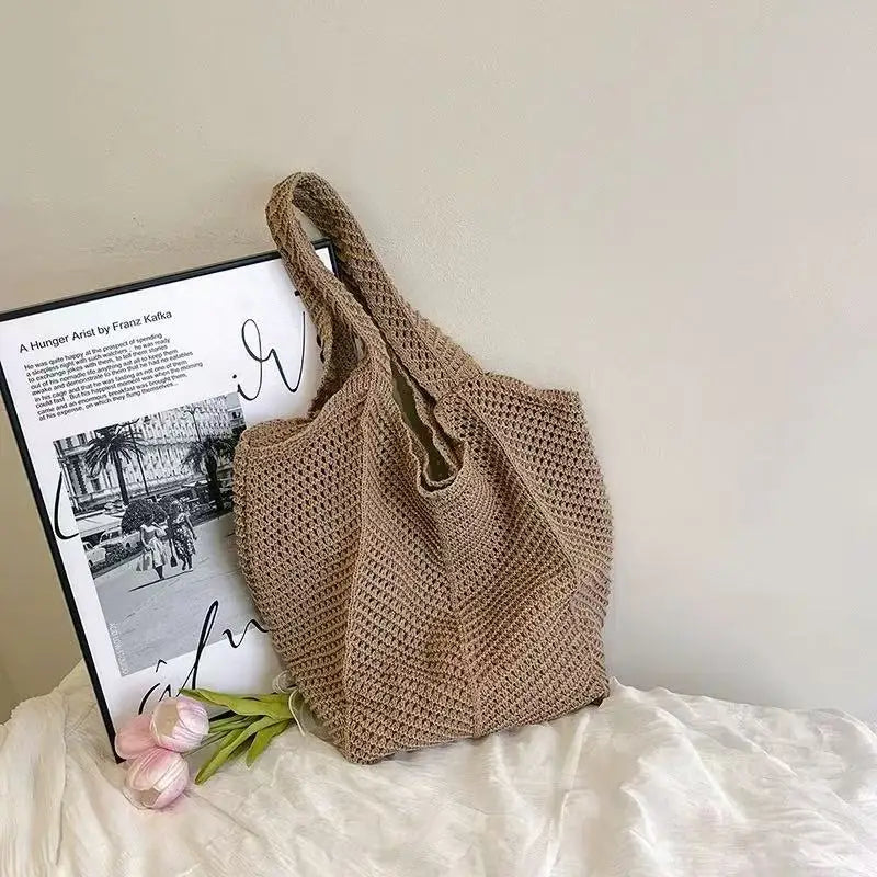 Korean-style Chic Crocheted Grid Bag Women's Summer Beach Bag Hand-woven Hollowed-out Shoulder Female Large Hollowed Bag