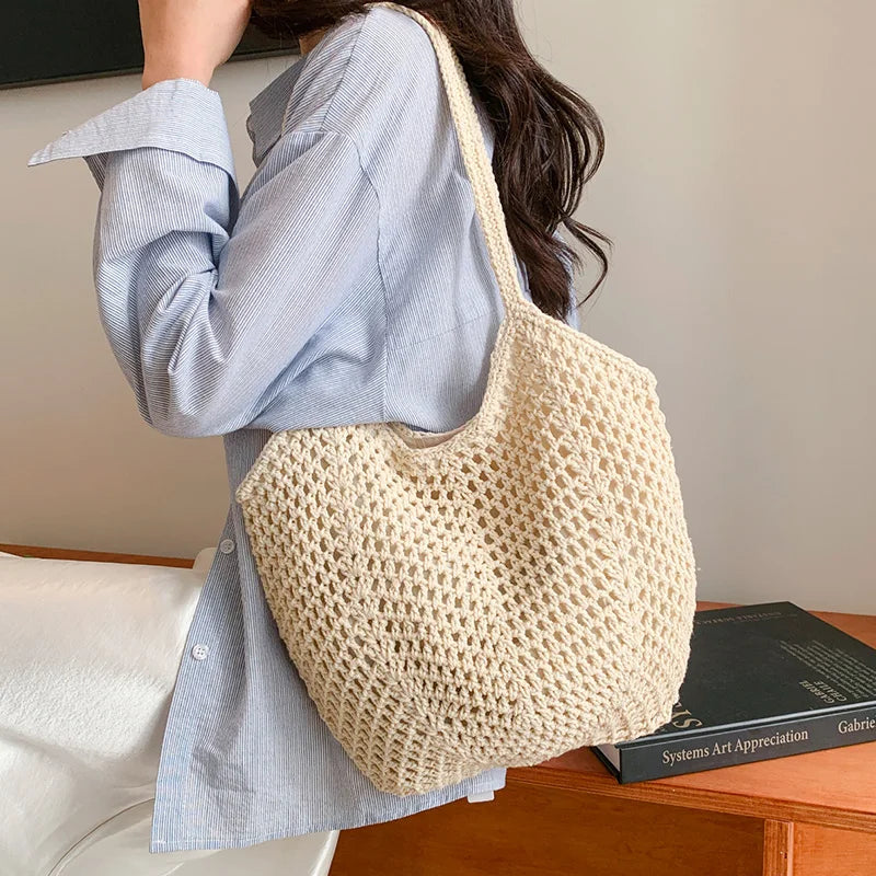 Korean-style Chic Crocheted Grid Bag Women's Summer Beach Bag Hand-woven Hollowed-out Shoulder Female Large Hollowed Bag