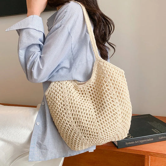 Korean-style Chic Crocheted Grid Bag Women's Summer Beach Bag Hand-woven Hollowed-out Shoulder Female Large Hollowed Bag